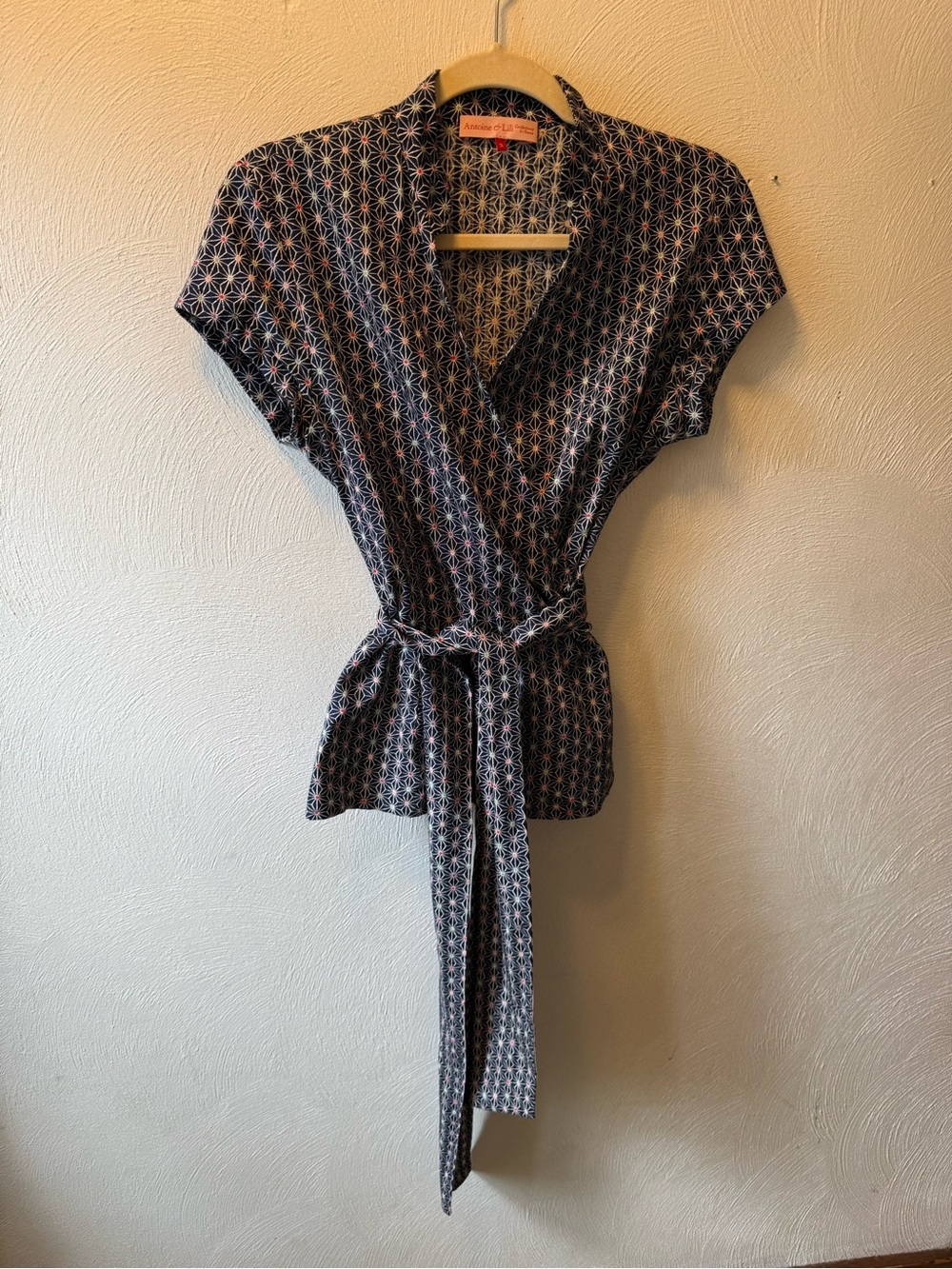 Antoine & Lili Paris 100% Cotton Wrap Blouse Navy Funky Geometric Print Size S - Picture 2 of 8